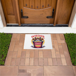 A cat peeking out from behind a flowerpot doormat