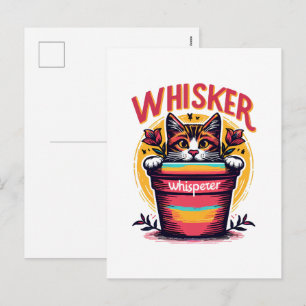 A cat peeking out from behind a flowerpot holiday postcard