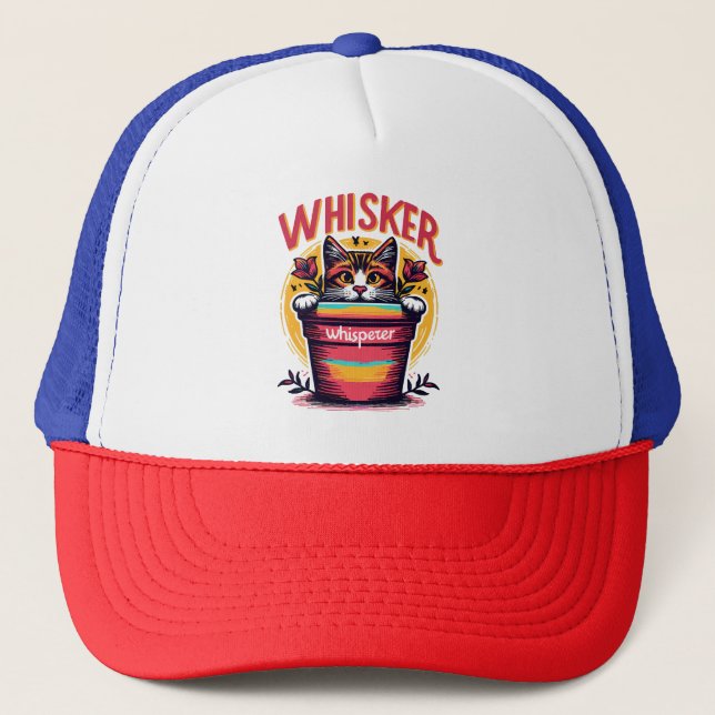 A cat peeking out from behind a flowerpot trucker hat (Front)