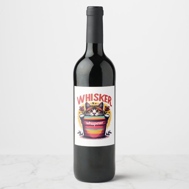 A cat peeking out from behind a flowerpot wine label (Front)