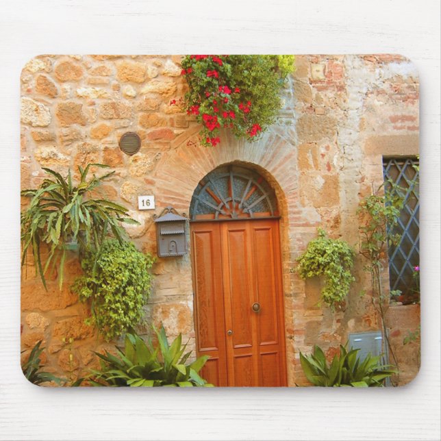 A cat seeks entrance to home in Pienza, Italy. Mouse Pad (Front)