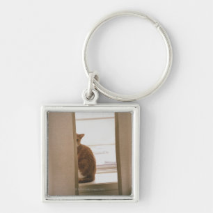 A Cat Sitting Behind The Curtains On A Window Key Ring