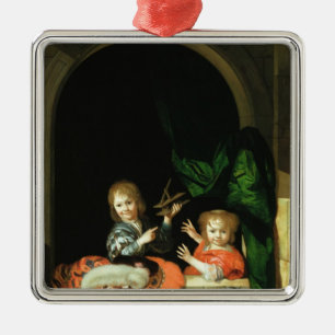A Cat watching two boys Metal Ornament