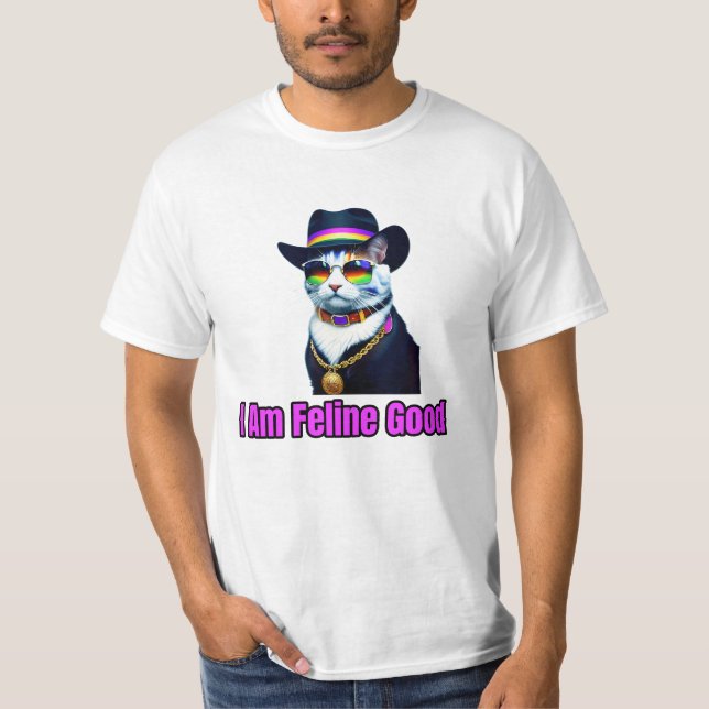 A Cat Wearing a Fedora and Sunglasses T-Shirt (Front)