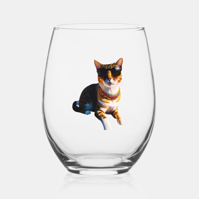 A cat wearing sunglasses  stemless wine glass (Front)