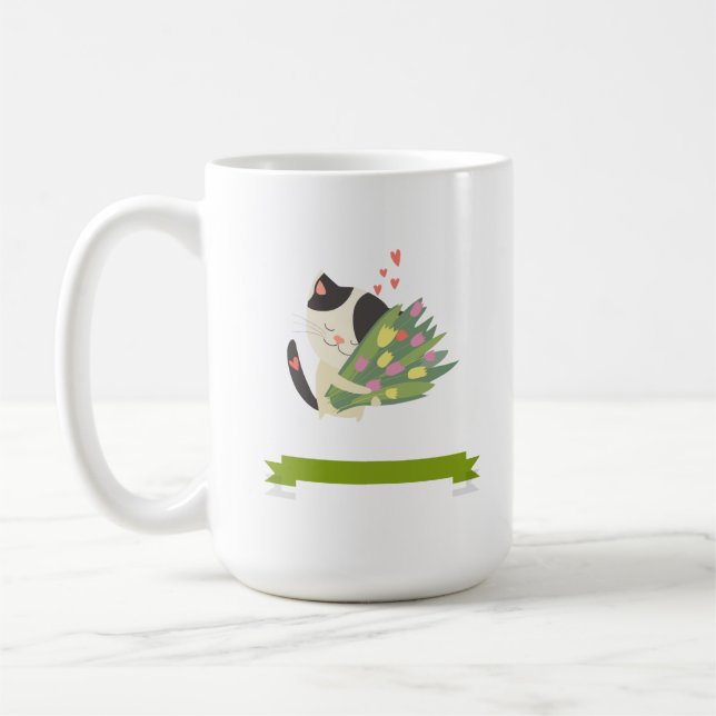 A cat who loves his bouquet of flowers. coffee mug (Left)