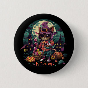 a cat with a basket of flowers and a cat with a ba 6 cm round badge