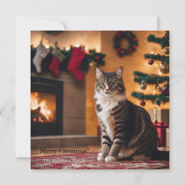 A cat with a Christmas tree and fireplace Holiday Card (Front)