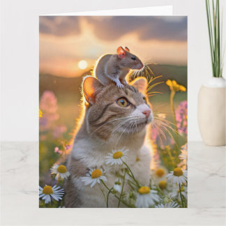 A cat with a mouse on its head between flowers card