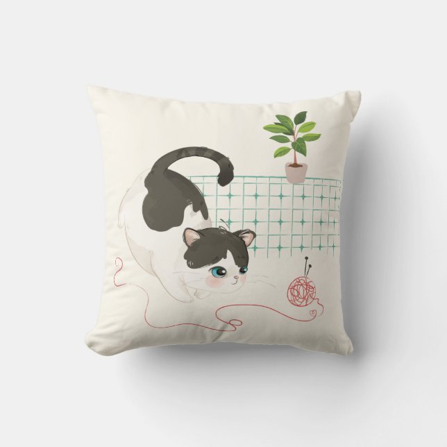 A Cat's Day - Red Yarn Cushion (Front)