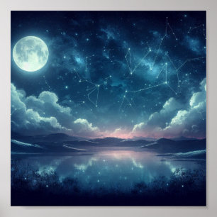 A celestial scene of a moonlit sky with stars  poster