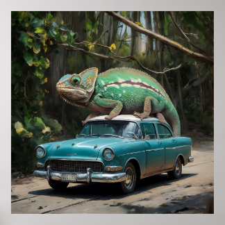 A chameleon perched on a car in a vibrant painting poster