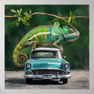 A chameleon perched on a car in a vibrant painting poster