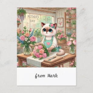 A charming cat carefully arranges beautiful flower holiday postcard