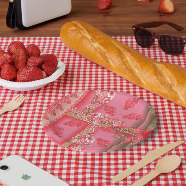 A charming floral pattern in shades of pink and go paper plate (Picnic)