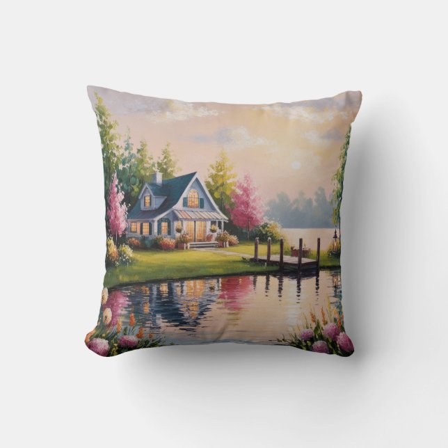 A charming lakeside cottage view cushion (Front)