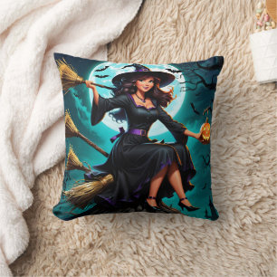 A charming witch with a pumpkin at twilight cushion