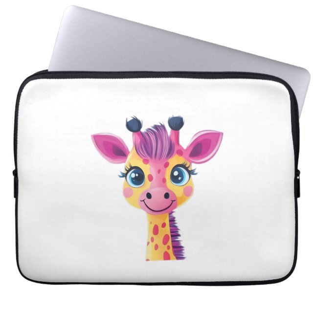 A cheerful and whimsical design of a young giraffe laptop sleeve (Front)