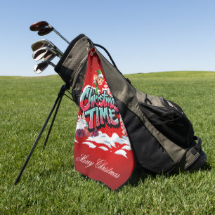 A cheerful cartoon elf golf towel