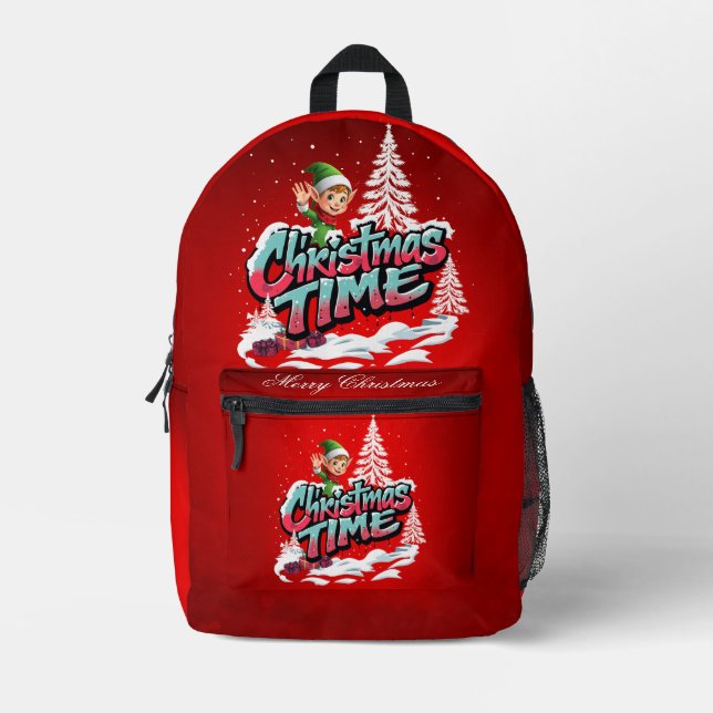 A cheerful cartoon elf  printed backpack (Front)