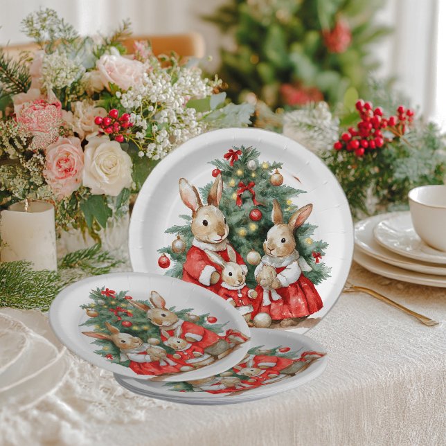 A cheerful family of rabbits under the New Year tr Paper Plate (Creator Uploaded)