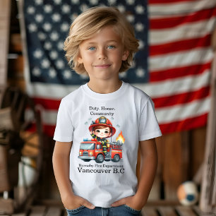 A cheerful firefighter in action on a bright truck T-Shirt