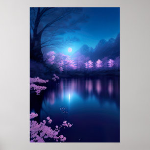 A Cherry Blossom Lake at Night Poster