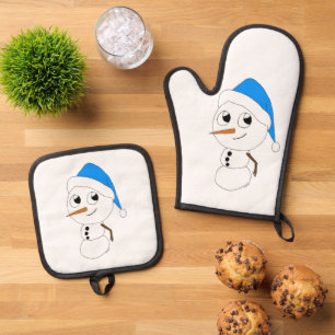 a chibi snowman oven mitt & pot holder set