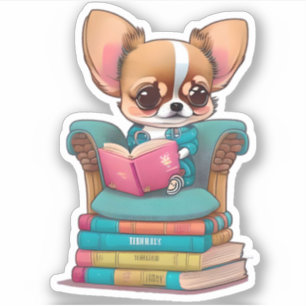 A Chihuahua puppy reading a book