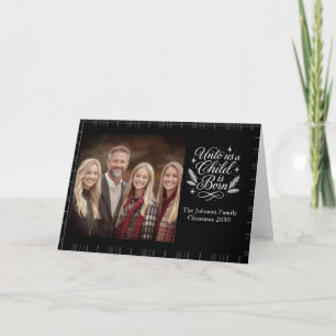 A Child Is Born Plaid Photo Christmas Card