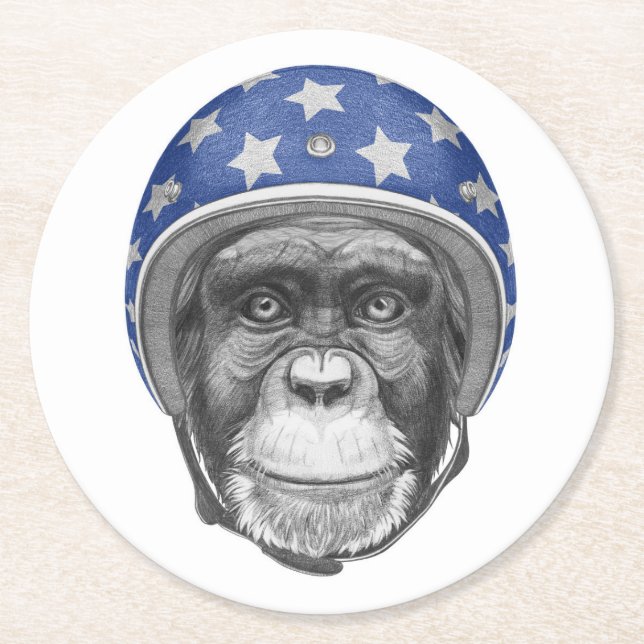A Chimpanzee Motorcycle Rider Round Paper Coaster (Front)