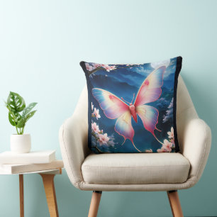 A Chinese Moon Moth Flying Amidst Cherry Blossoms Cushion