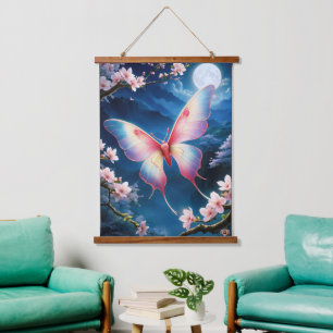 A Chinese Moon Moth Flying Amidst Cherry Blossoms Hanging Tapestry