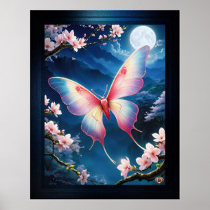 A Chinese Moon Moth Flying Amidst Cherry Blossoms Poster