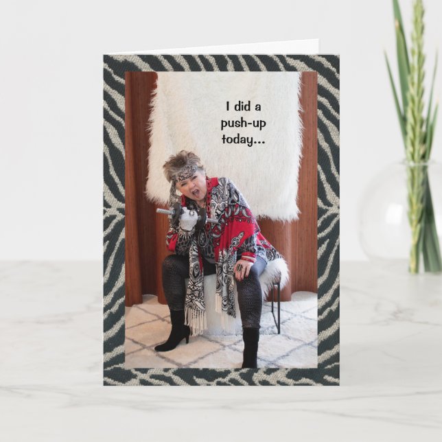 A chocoholic doing a unique push-up with humour card (Front)