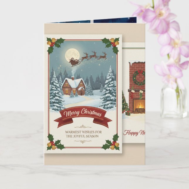 A Christmas card with snowy scenes, festive text,  (Orchid)