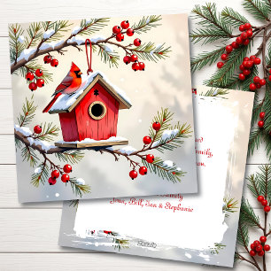 A Christmas Cardinal on a Birdhouse Personalized Holiday Card