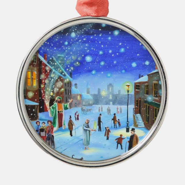 A Christmas Carol Scrooge Winter street scene Metal Ornament (Front)