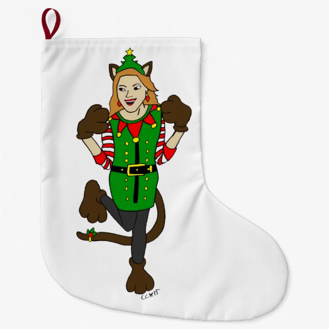 a Christmas catgirl  Button Large Christmas Stocking (Front)