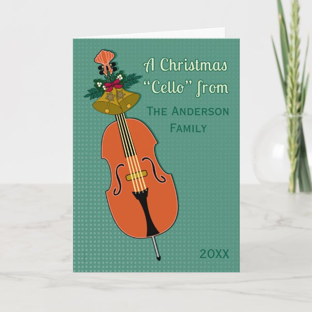 A Christmas Cello Add Name and Date Traditional Holiday Card (Front)