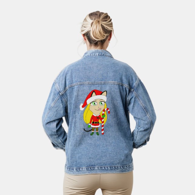 a Christmas chibi catgirl Denim Jacket (Model)
