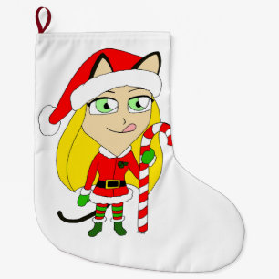 a Christmas chibi catgirl Large Christmas Stocking