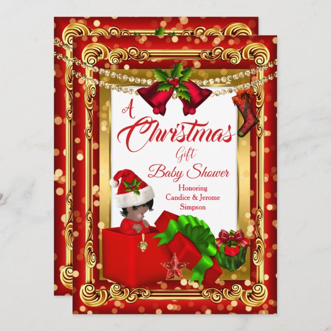 A Christmas Gift Girl Boy Baby Shower Red Gold AA Invitation (Front/Back)
