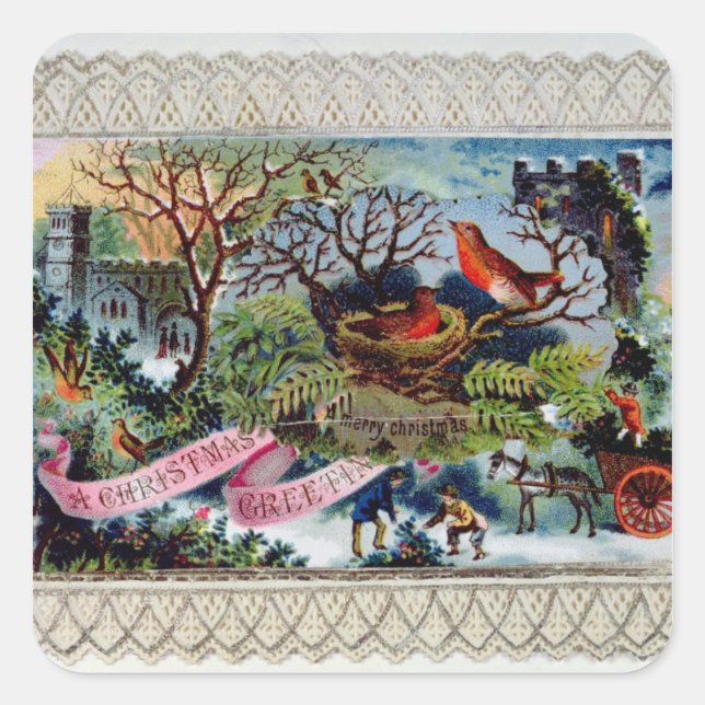 A Christmas Greeting, Victorian postcard Square Sticker (Front)
