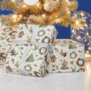 A Christmas Pattern With Birds & Holly Wrapping Paper