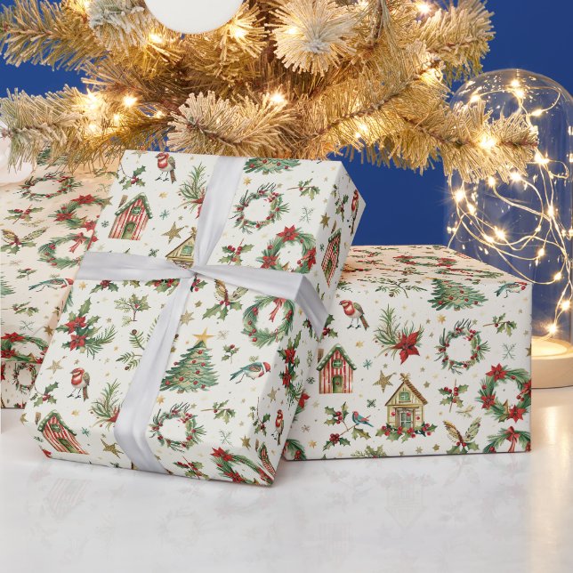 A Christmas Pattern With Birds & Holly Wrapping Paper (Holidays)