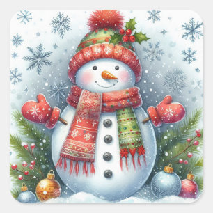 A Christmas Snowman on a Cold and Snowy Square Sticker