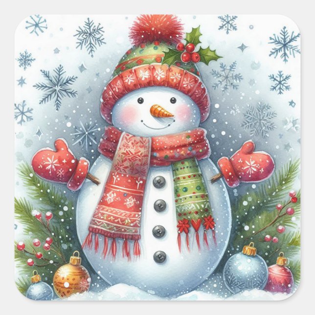 A Christmas Snowman on a Cold and Snowy Square Sticker (Front)