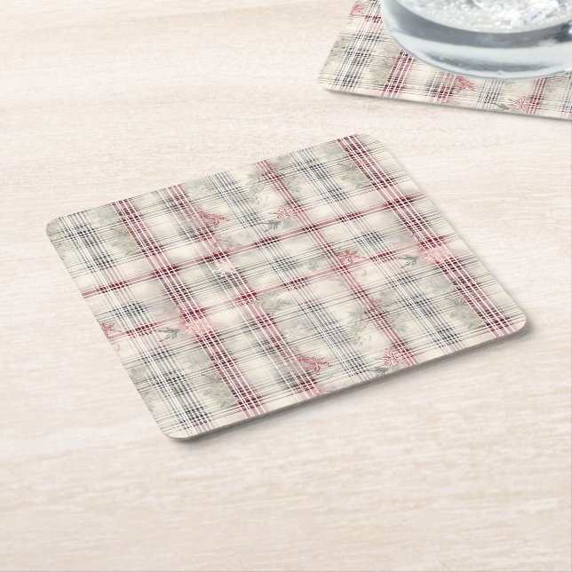 A Christmas Tartan Floral Design Series #13 Square Paper Coaster (Angled)