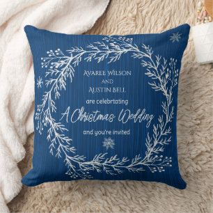 A Christmas Wedding White Chalk Designs On Blue  Cushion